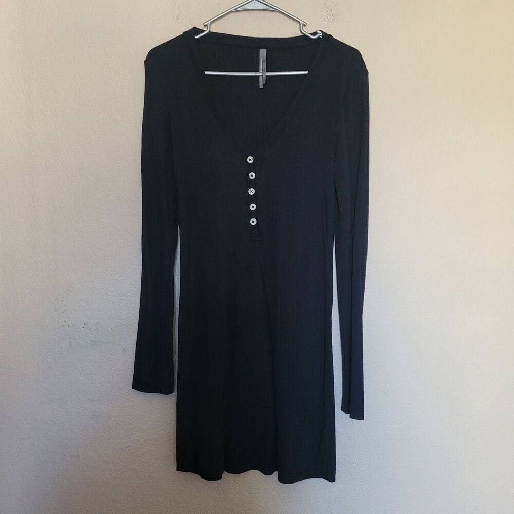 Anthropologie Henley Black Knit Pajama Dress Size Small Soft Sleep Long Sleeve